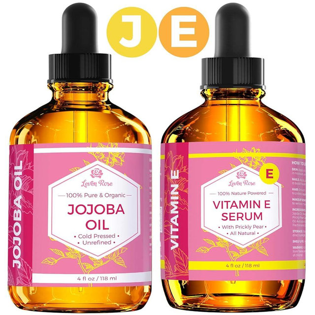 Leven Rose Jojoba Oil + Vitamin E Serum 100% Pure Organic All Natural Moisturizer Treatment for Skin Hair Body and Nails - 4 Fl. oz each