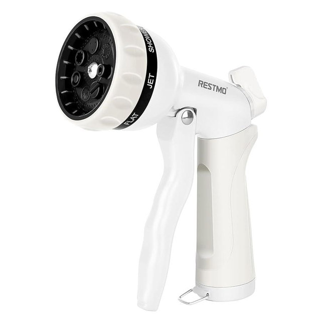RESTMO Garden Hose Nozzle, Heavy Duty Metal Water Hose Nozzle with 7 Adjustable Spray Patterns, High Pressure Hand Sprayer with Flow Control, Best for Watering Plant & Lawn, Washing Car & Pet, White