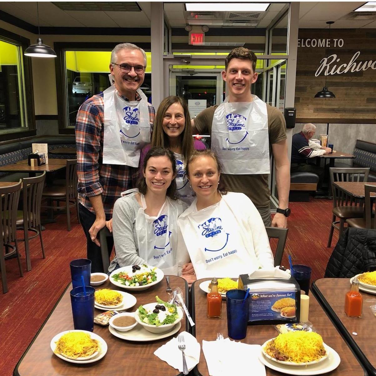Mark and Michele (Anthony's godparents) with the bride, groom, and bride's mother (Carolyn) at a Cincinnati staple--Skyline Chili