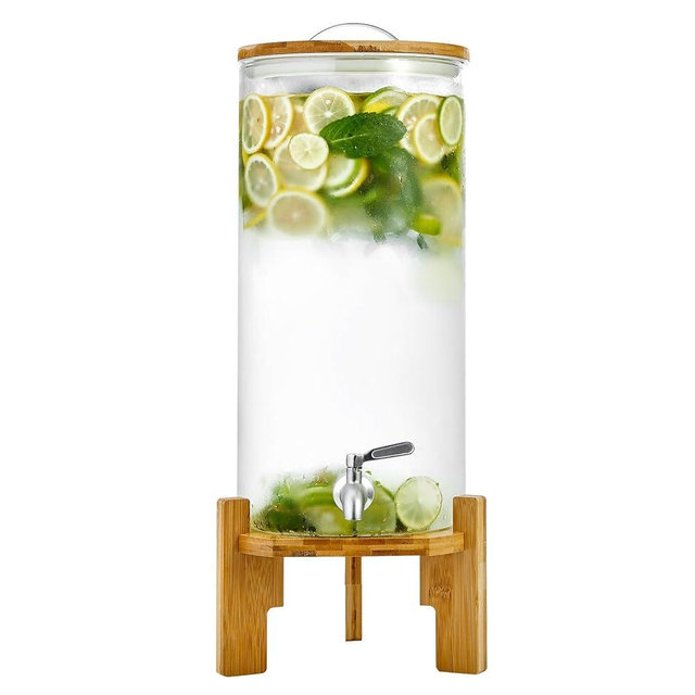 Beverage Dispenser 2.9 Gallon with Spigot Glass Water Dispenser for Parties, Bars, Restaurants (11L）with Wood Stand Drink Dispensers
