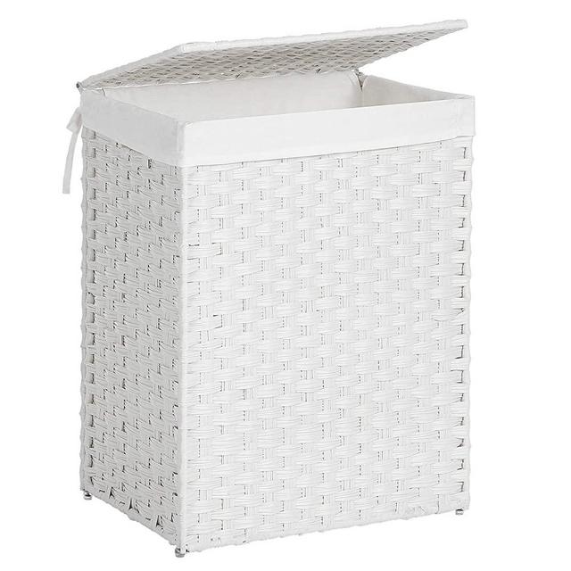 SONGMICS Handwoven Laundry Hamper, Synthetic Rattan Laundry Basket with Removable Liner Bag, Clothes Hamper with Handles for Laundry Room, White ULCB51WT
