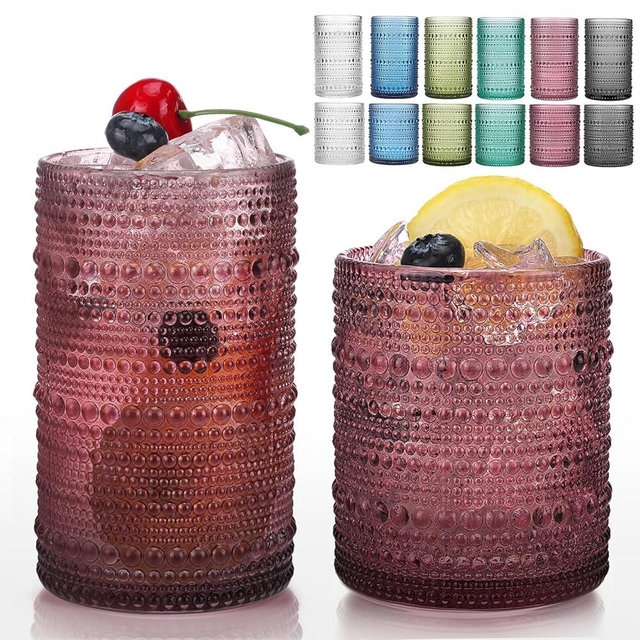 Moretoes Colored Hobnail Drinking Glasses Set of 12,Vintage Water Glass Cups Mixed Glassware, 6pcs 12oz Highballs and 6pcs 10oz Old Fashioned Glasses, Great for Cocktail, Whisky and Other Beverages