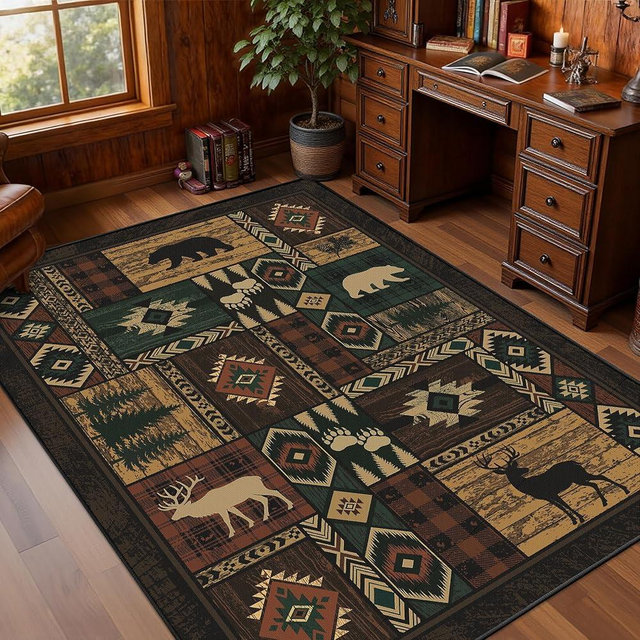 Rustic Cabin Living Room Rug 5x7, Washable Upgrade Non-Slip Country Bear Deer Rug Low Pile Linen-Look Western Carpet for Bedroom, Dining Room, Office, Farmhouse Area Rug Indoor Outdoor Decor, Multi