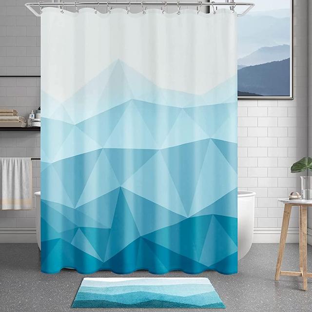Ombre Blue Fabric Shower Curtain, Textured Fabric Bath Shower Curtain for Bathroom Decor, Waterproof Shower Curtain Liner with 12 Hooks,Machine Washable (72 x 72 inch, Blue)