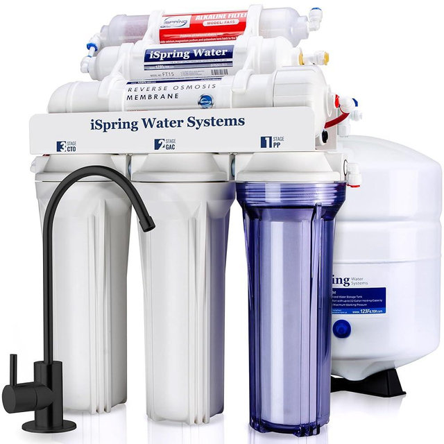 iSpring RCC7AK-BLK, 75 GPD Alkaline 6-Stage Reverse Osmosis System with Stylish Black RO Faucet, pH+ Remineralization RO Water Filter System Under Sink, Superb Taste Drinking Water Filter