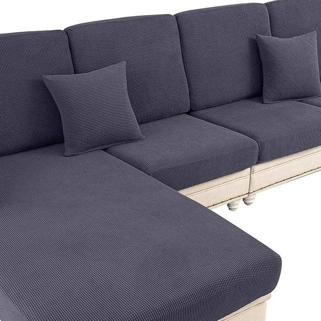 LA MEACK Couch Cushion Covers for Sectional Sofa L Shape Washable Separate Seat Chaise Couch Cover Stretch Sofa Slipcovers with 2 Pcs Pillowcases(2 Seater + 1 Chaise, Dark Grey)