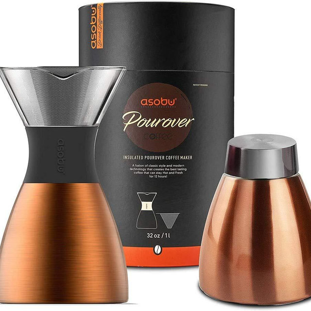 asobu Black Insulated Pour Over Coffee Maker (32 oz.) Double-Wall Vacuum, Stainless-Steel Filter and Take on the Go Carafe (Copper)
