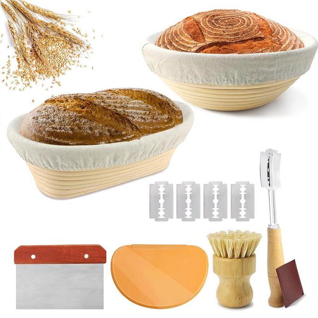 Sourdough Bread Baking Supplies: 9 Inch Round & 10 Inch Oval Banneton Bread Proofing Basket with Liner+Bread Lame +Dough Scraper+Cleaning Brush, Artisan Bread Making Gifts for Baker