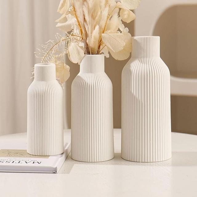 Vase, White Ceramic Vase Set of 3 - Minimalist Modern Home Decor for Desk, Shelf, and Table - Aesthetic Flower Vases for Entryway, Mantle, and Bookshelf