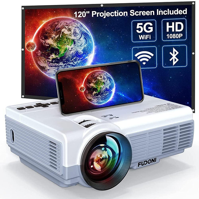 Projector, 5G WiFi Bluetooth Native 1080P 9000L Mini Projector, FUDONI Portable Outdoor Projector with Screen, Home Theater Video Projector Support 4K, HDMI, USB, VGA, PC, TV Box, iOS & Android Phone