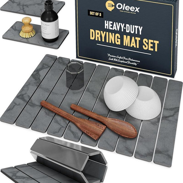 Oleex 3-Pack Stone Dish Drying Mat Set Includes 1 Large 24”x16” & 2 Small 4”x9” for Kitchen Counter-Collapsible Diatomaceous Earth Pad Absorbs Water & Dries Dishes Fast, Non-slip, Odor-Resistant Mats