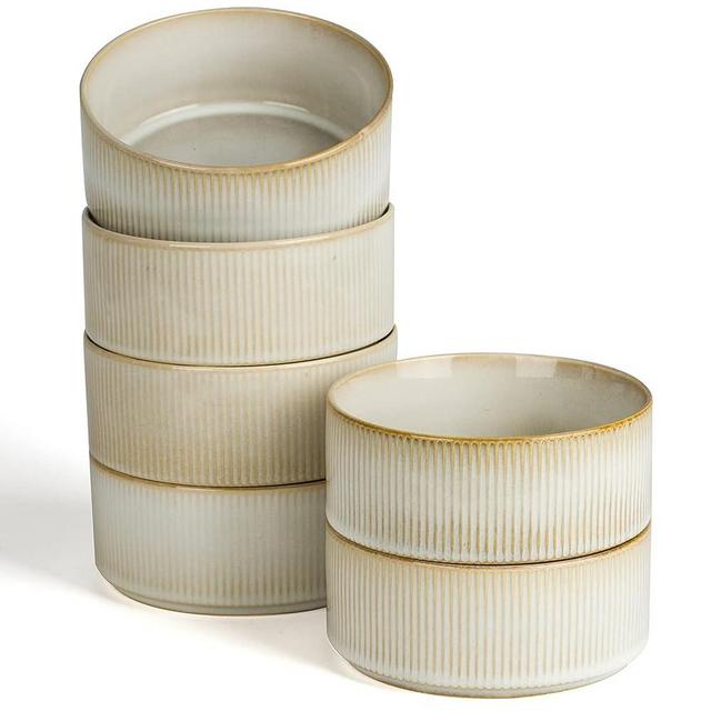 famiware 6 Pieces 5.5" Cereal Bowl Set, Double Reactive Glaze Soup Bowls Set, Stackable, Deep Bowls Suitable for Cereal, Popcorn, Oatmeal, Dessert, Cappuccino White