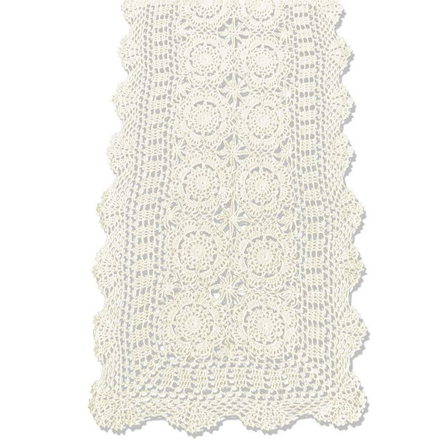 KEPSWET Cotton Handmade Crochet Lace Table Runner Beige Rectangle Coffee Table Dresser Decor (14x72 inch)