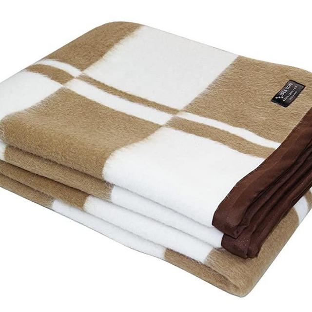 Alpaca Wool Blend Woven Blanket Throw with Trim Checkered Design - 79" x 60" (Camel/Ivory)