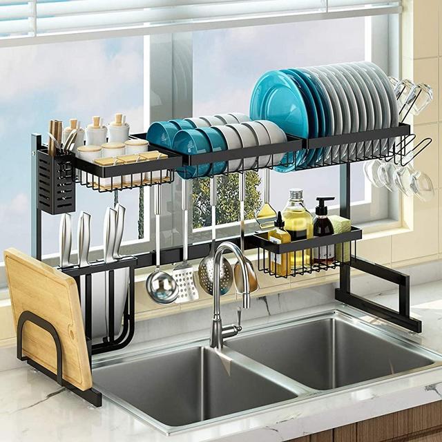 Over Sink(24"-40") Dish Drying Rack, Adjustable Large Dish Drainer for Kitchen Storage Counter Organization, 2 Tier Stainless Steel Over Sink Dish Rack Display (Black, 24≤Sink Size≤40inch)