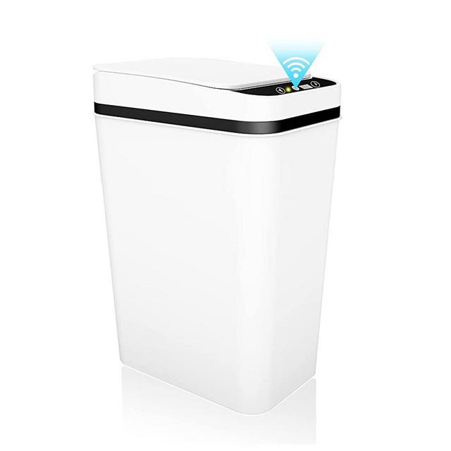 jinligogo Bathroom Trash Can Touchless, 2.5 Gallon Motion Sensor Smart Trash Can with Automatic Lid, Waterproof Slim Plastic Narrow Bedroom Garbage Bin for Kitchen, Office, Living Room, RV - White