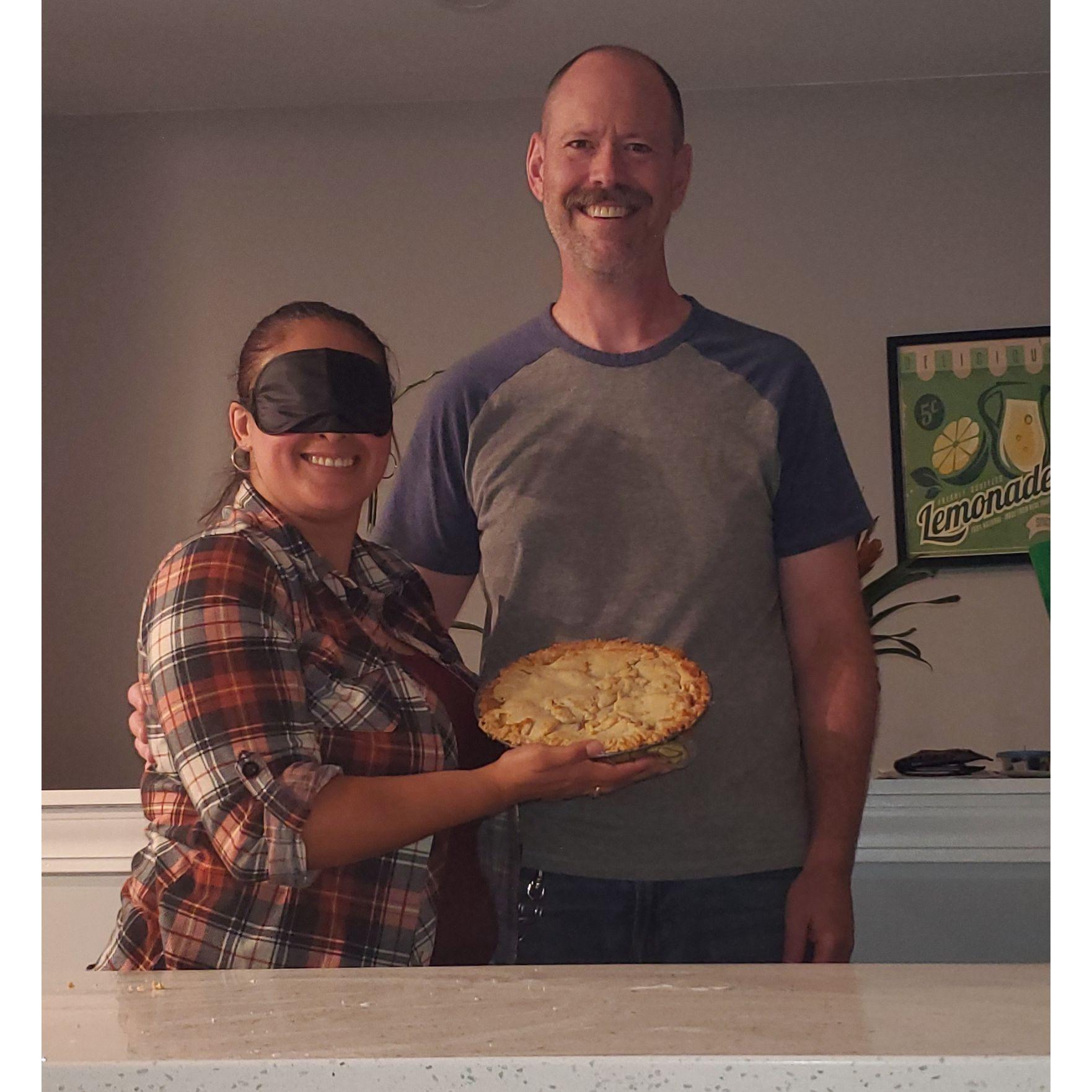 Couples Adventure Challenge: Make a homemade pie together! Gina had to mix all the ingredients by herself...BLINDFOLDED. Mark was only able to give instructions by leading with his hands. Aug 20, 2022