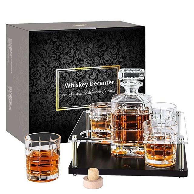 Whiskey-Decanter-Set-with-glasses-whisky glass set Decanter 4 Glasses Sets with Wooden Base for Men, Bourbon, Vodka Perfect Present 900 Milliliter
