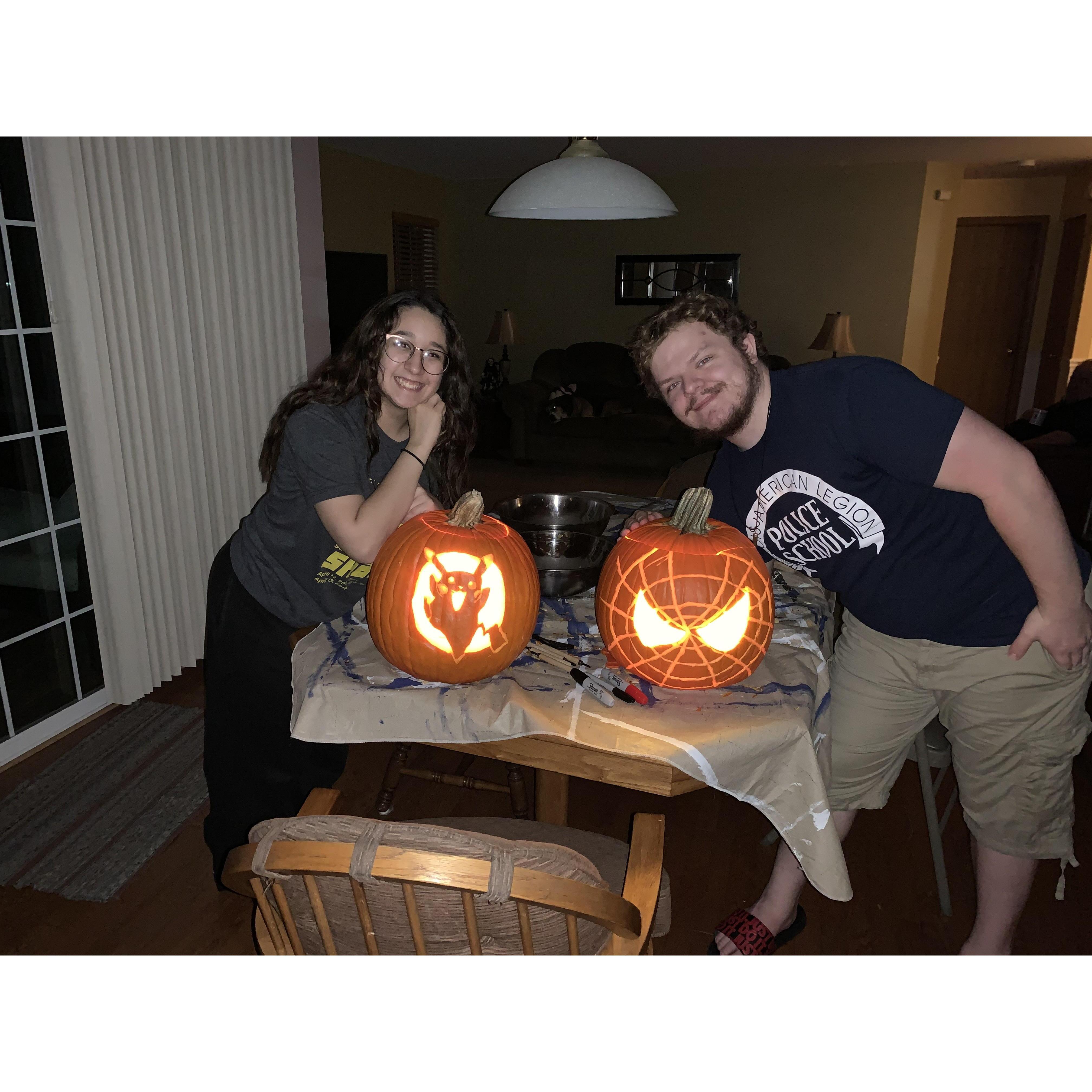 Photo from our first Halloween together featuring our epic pumpkins.