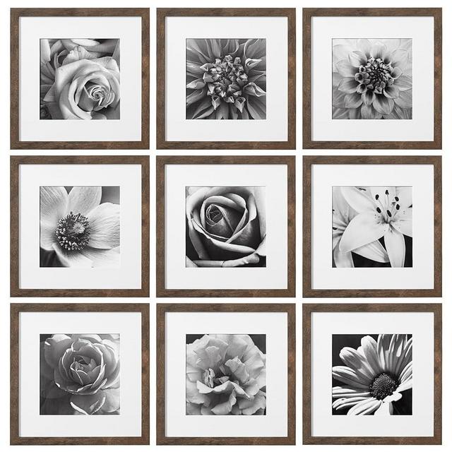 eletecpro 12x12 Picture Frames Set of 9 Classic Gallery Wall Frame Set Displays 8x8 Photo with Mat or 12x12 without Mat, Farmhouse Home Decor, Weathering Brown Collage Wall Decor for Hanging