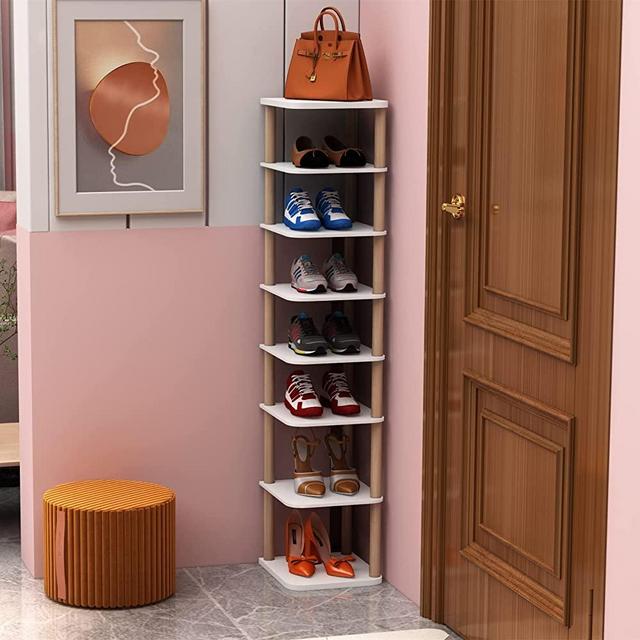 LUCKNOCK 8 Tiers Vertical Shoe Rack, Narrow Shoe Organizer, Stylish Wooden Shoe Storage Stand, Space Saving Shoe Shelf, Shoe Tower, Free Standing Shoe Racks for Entryway, No-Tool Assembly, White.