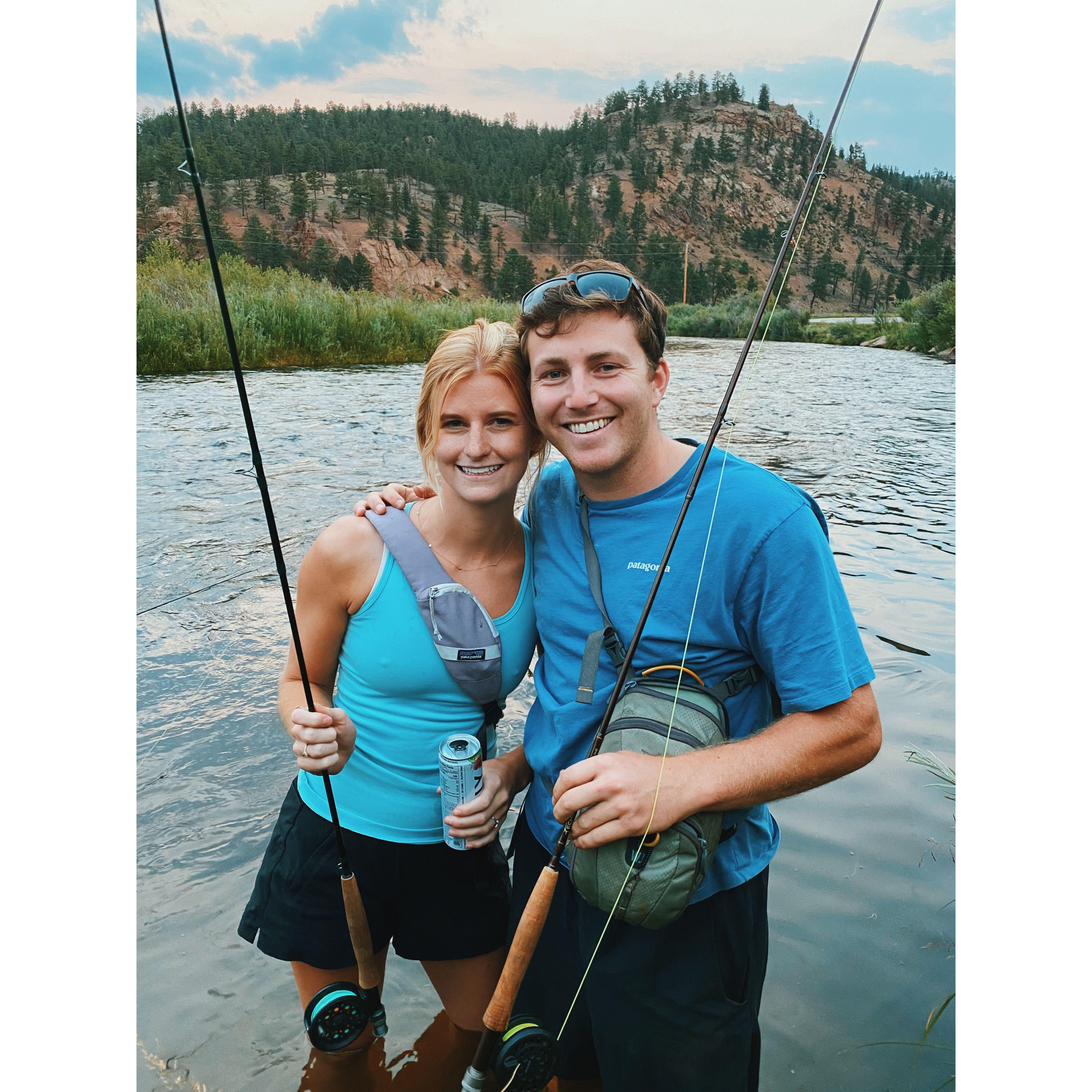 Chad teaching Claire to fly fish in Colorado while camping