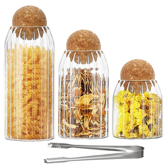 Glass Jar with Round Ball Cork, 3 Pack Clear Stripe Glass Storage for Kitchen Pantry Serving Tea Coffee Sugar Flour Spices (500ml/700ml/1000ml)