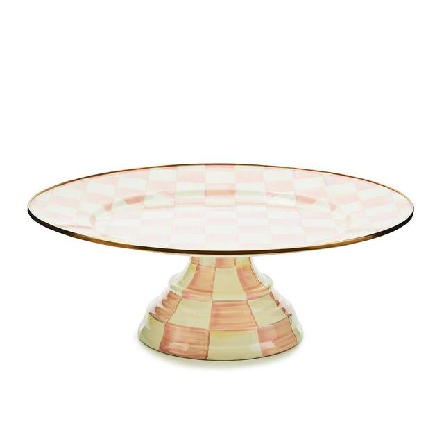 MACKENZIE-CHILDS Enamel Pedestal Platter, Round Cake Stand, Large, Pink-and-White Rosy Check