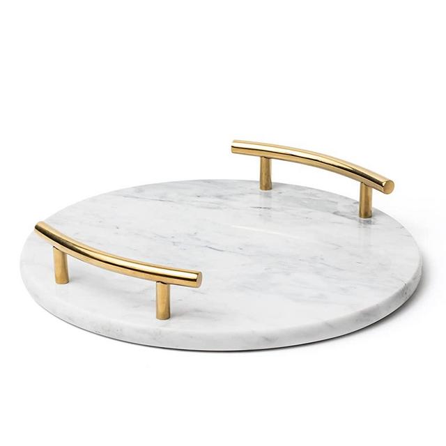 White Marble Tray with Gold Handles - Marble Perfume Tray for Vanity - Round Decorative Tray (Round, White)