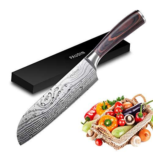 Santoku Knife - PAUDIN Super Sharp Kitchen Knife, 7 inch Multifunctional Asian Knife, German High Carbon Stainless Steel Cooking knife, Ergonomic Handle