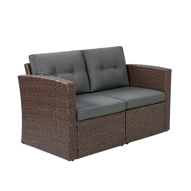Wicker Loveseat, 2 Piece Outdoor Patio Loveseat, Sectional Corner Sofa with Removable Cushions Rattan Loveseat Sofa for Garden Deck Porch, Brown/Grey