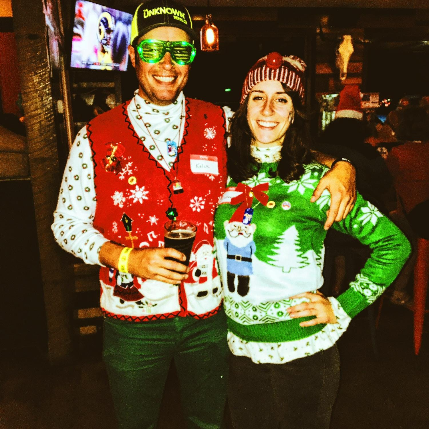 The night Kelcie won a best dressed award at an “Ugly Christmas Sweater” party, 2015