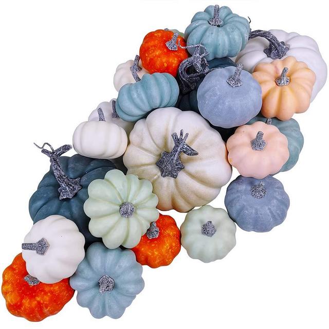24 Pcs Bulk Assorted Rustic Harvest Artificial Pumpkins Foam Pumpkin in White Orange Green Teal for Fall Autumn Halloween Decoration Thanksgiving Party Home Kitchen Decor Baby Shower Wedding