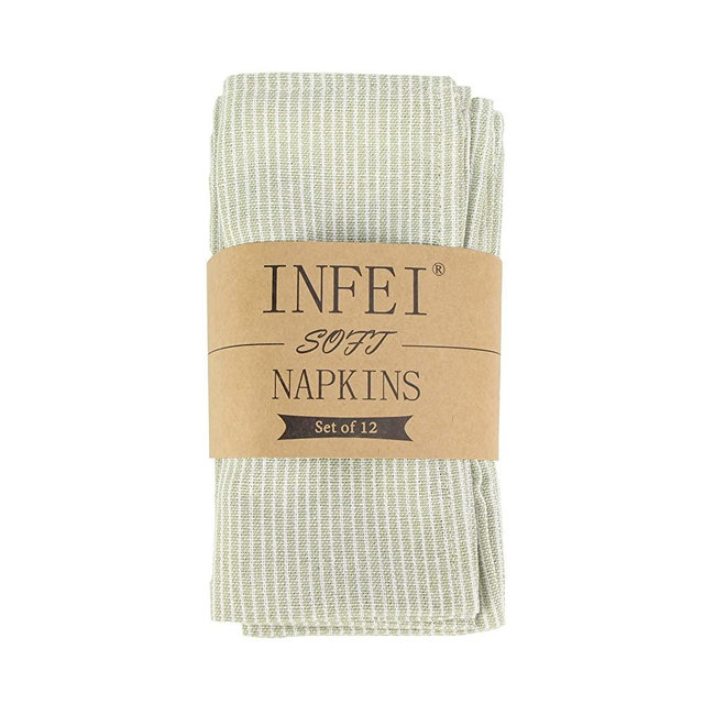 INFEI Narrow Striped Linen Cotton Dinner Cloth Napkins - Set of 12 (40 x 40 cm) - for Events & Home Use (Green)