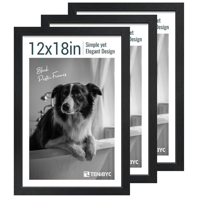 TENIBYC 12x18 Poster Frame Set - 3 Pack, Textured Black Solid Wood with HD Tempered Glass, Wall Gallery Picture Photo Frame