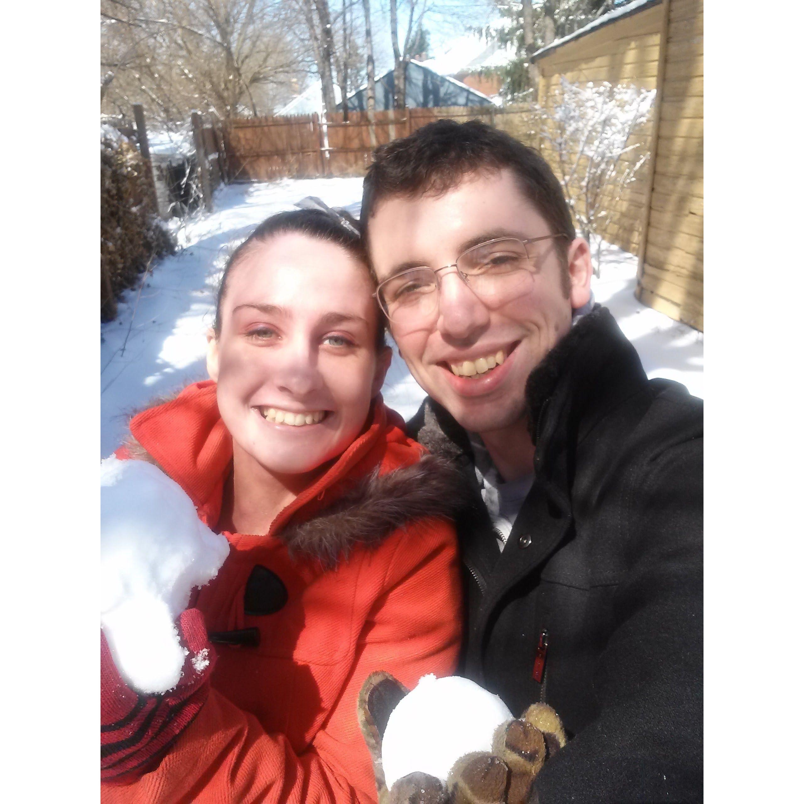 March 2014 - Snowball fights in their first House they rented together in Erie, PA