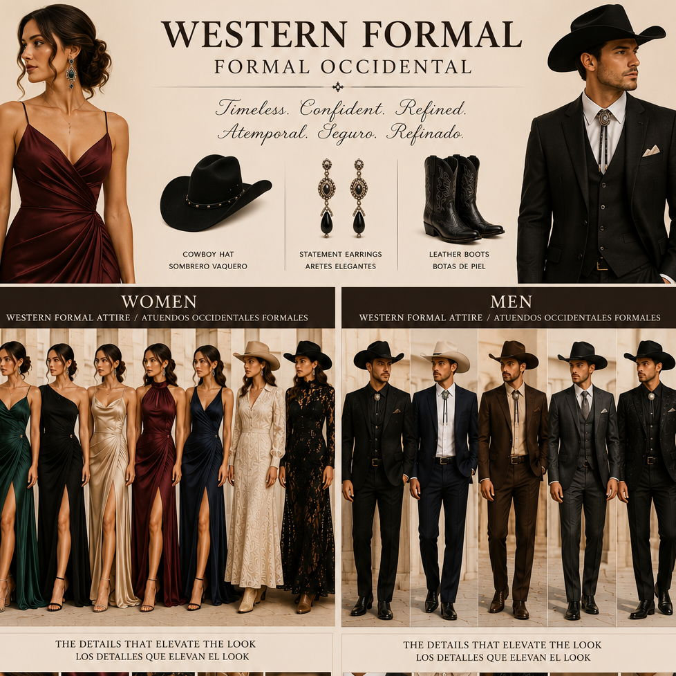 Western Formal Attire - Formal attire required. Elegant gowns, formal Western wear, suits, boots & hats welcome. No jeans. | Vestimenta Formal Occidental. No se permiten jeans.