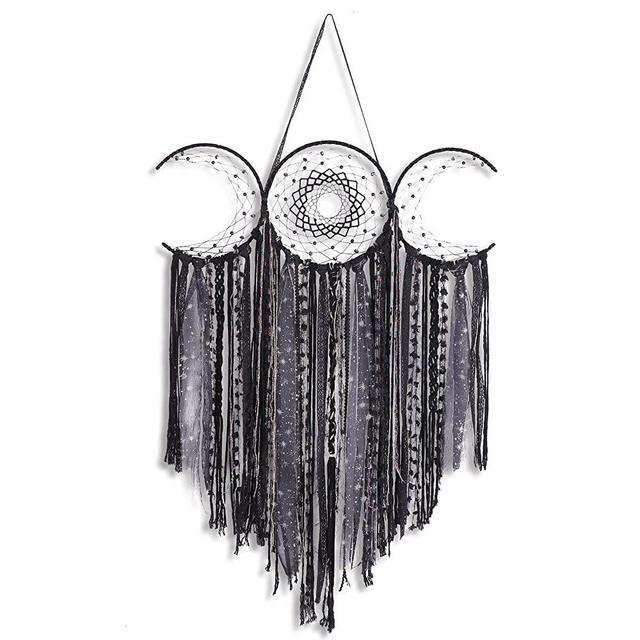 Black Triple Moon Goddess Macrame Wall Hanging, Boho Art Large Wicca Crescent Moon Dream Catcher, Handmade Unique Bohemian Hippie Woven Pagan Tapestry Decor for Bedroom Nursery Decoration Gift