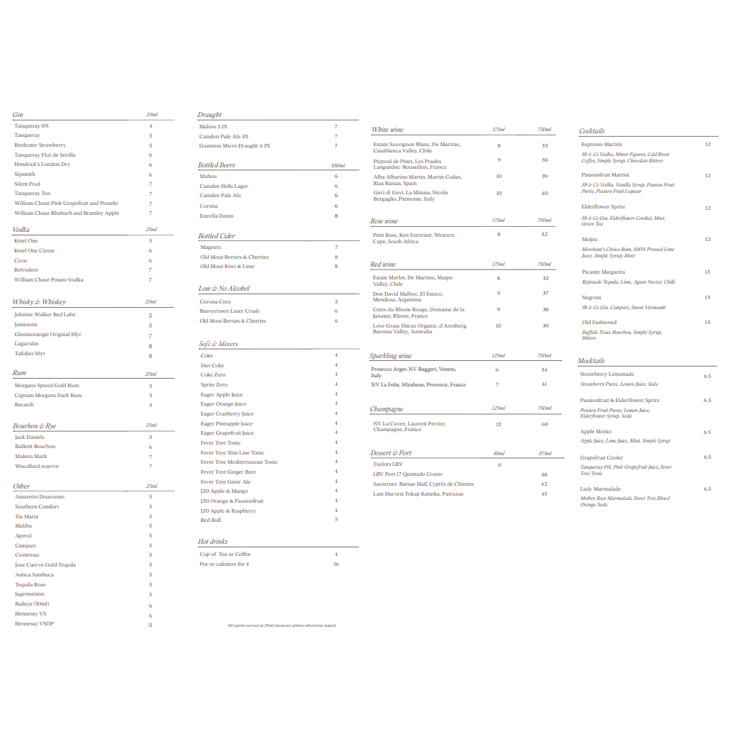 Notley Abbey bar menu 2024