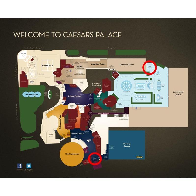 Map of Caesar's Palace. The red circles indicate the location of the ceremony, Juno Garden, and the entrance to the Forum Shops. Trevi, the location of the reception, is in the Forum Shops.