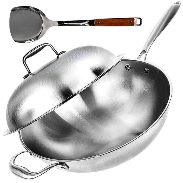 Wok Pan with Lid - 13" Wide, 2mm Thick Stir Fry Frying Pan Stainless Steel – Non Stick, Scratch Resistant, Oven Safe - Bamboo Spatula Included