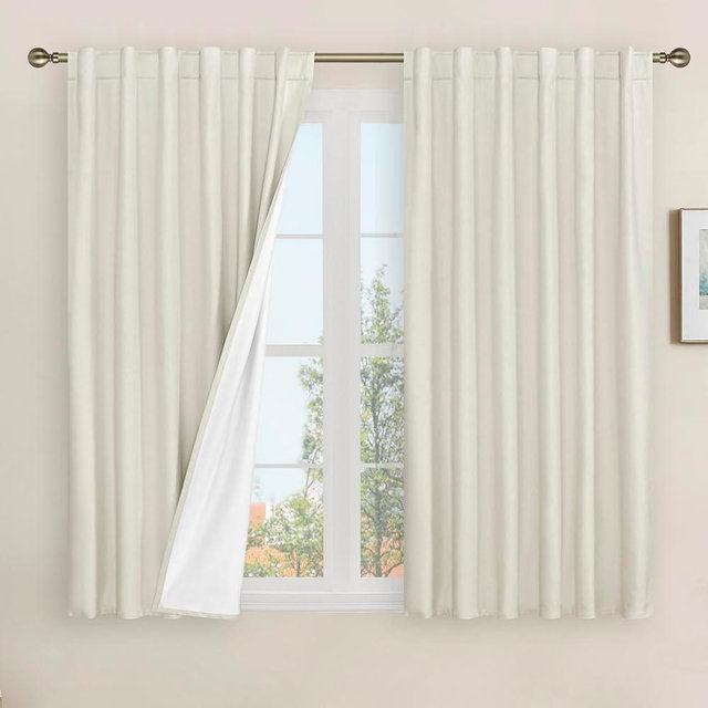 LAMIT Linen Full Blackout Window Curtains for Bedroom, 54 Inches Thermal Farmhouse Curtains Back Tab and Rod Pocket Privacy Protected Burlap Panels with White Liner, 2 Panels, 52 x 54 Inch, Ivory