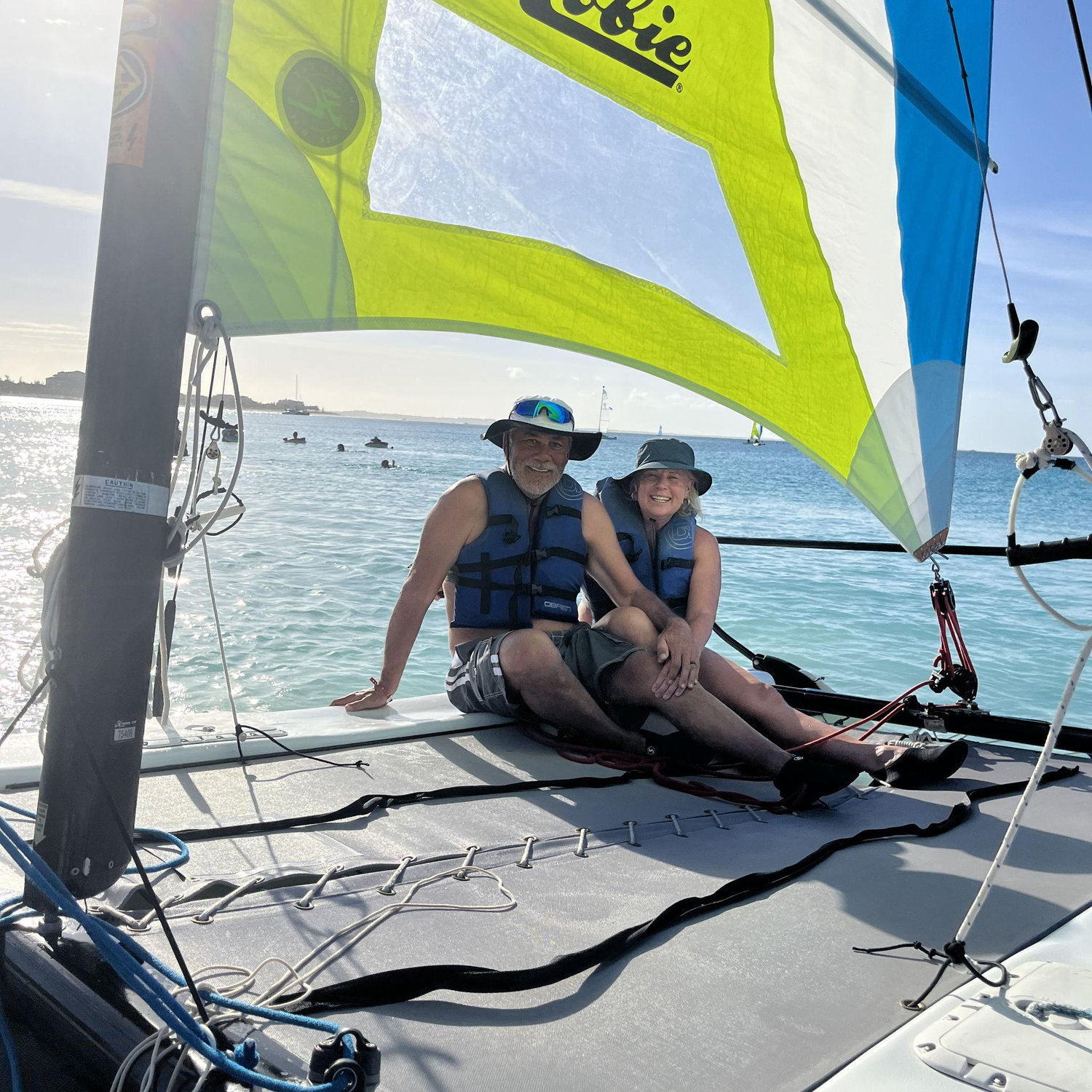Learning to sail (with good friends Sue and Tom Marshall) in Turks and Cacos... One of our Bucket List items.. Next time we will plan our outfits a little better. haha.