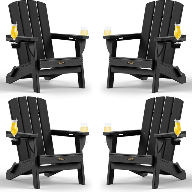 SUUNYN Folding Adirondack Chair 4 Pack, HDPE All-Weather Fire Pit Chairs, Plastic Adirondack Chairs with 2 Cup Holder, Outdoor Lawn Chair for Patio Garden (Black)