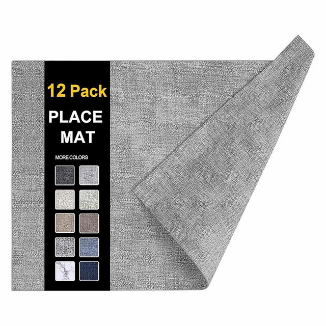 homing Faux Leather Heat Resistant Placemats 12 Packs, Waterproof Wipeable Dining PU Place Mats for Indoor & Outdoor, Easy to Clean, Light Grey