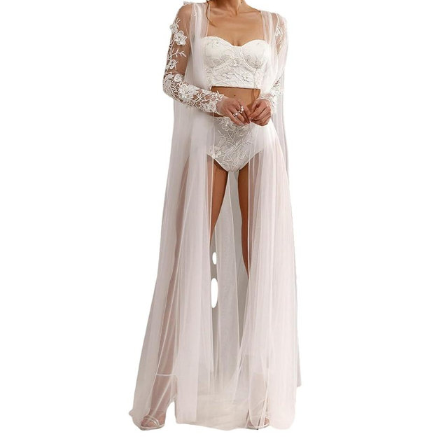 BATHGOWN Women Bridal Tulle Robe White Lace Nightgown Long Train Dress Wedding Maternity Photoshoot
