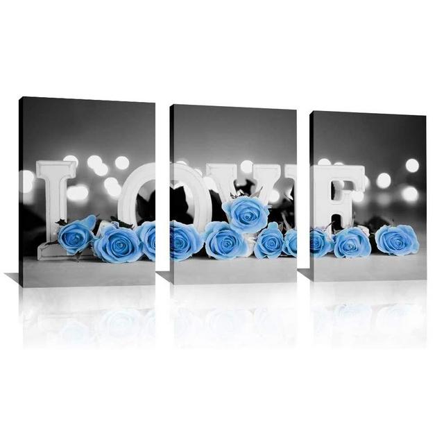 Blue Rose Wall Art 3 pieces Inspirational Love Flower Home Office Decorative Prints for Bedroom Wall Decor Women Gift (BLUE, 16x24inch)