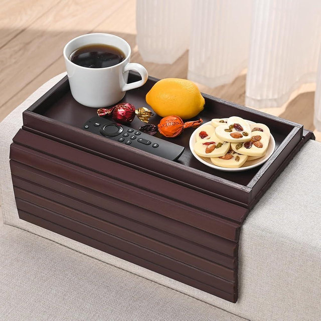 YUBAMIN Bamboo Sofa Arm Tray, Anti-Dropping Couch Arm Tray, Foldable Sofa Armrest Tray Couch Arm Table for Eats, Drinks, Snacks, Remote, Cellphone, Cup Holder, Back Anti-Slip Pad Design
