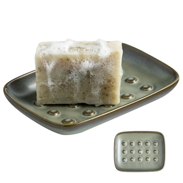 Miamolo Ceramic Soap Dish for Shower, Non-Slip Bar Soap Saver Tray Bar for Bathroom Kitchen Sink Bathtub, Easy to Clean, Dishwasher Safe, Raised Pattern - Keep Soap Dry, Dark Green