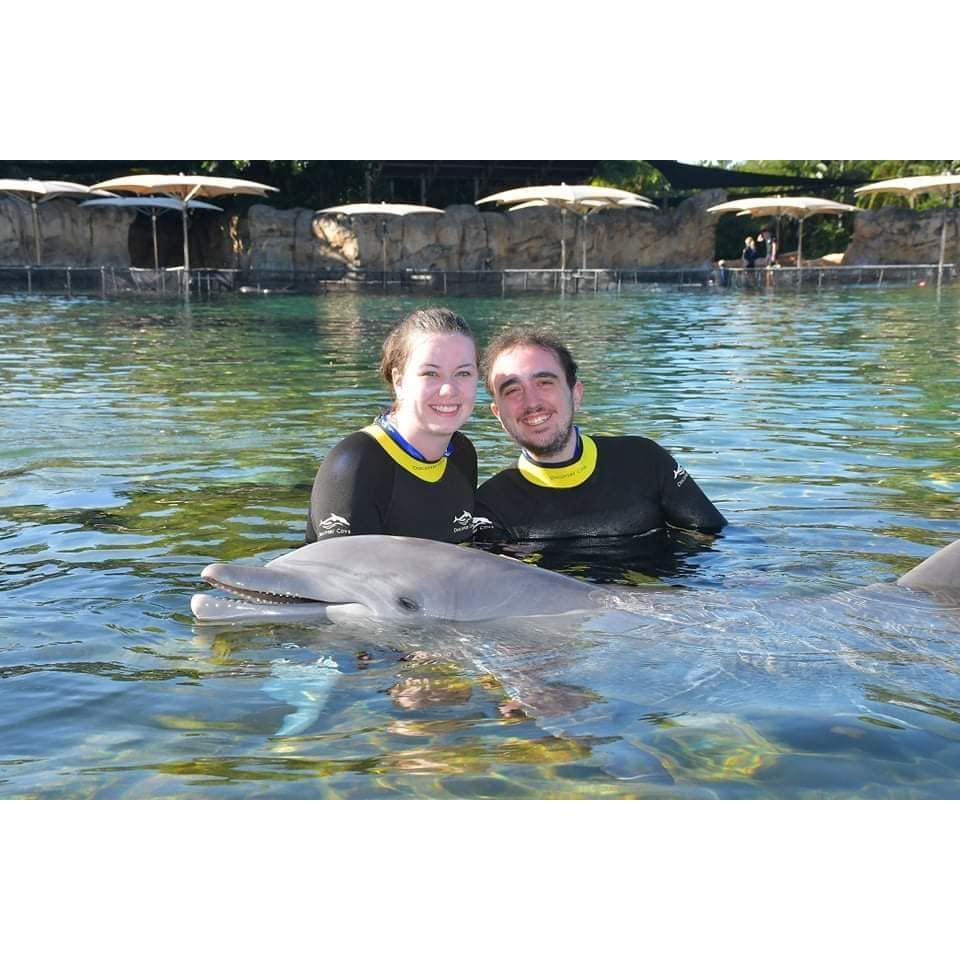 At Discovery Cove on a trip to Florida with Kendall, the dolphin.